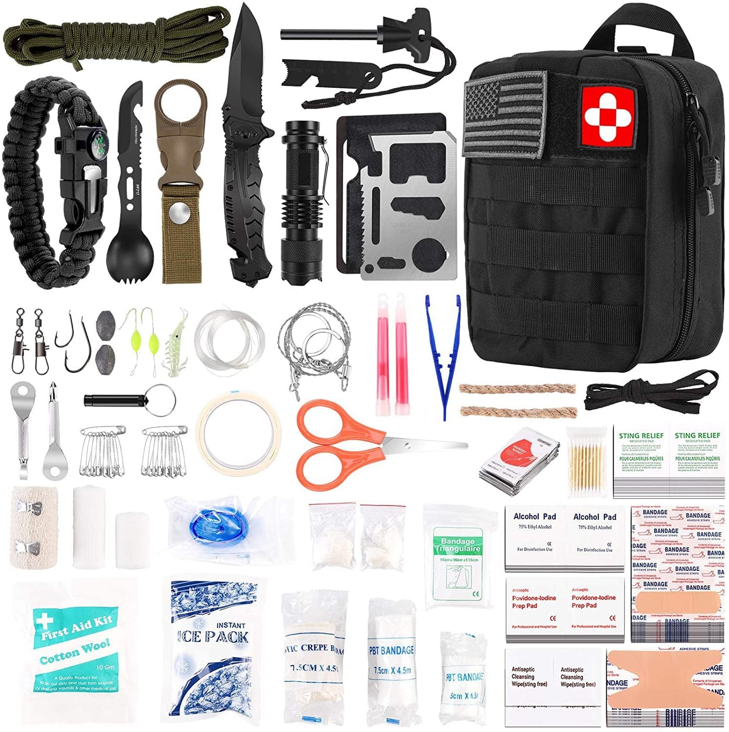 216 Pcs Professional Survival Gear Equipment Tools First Aid Supplies kit for SOS Emergency Hiking Hunting Disaster Camping Adventures (Black)