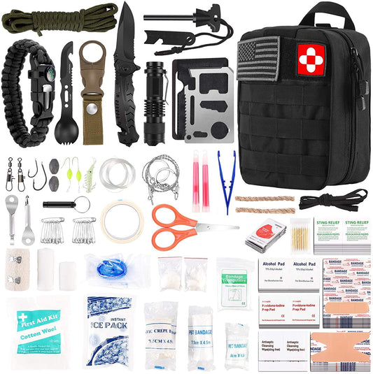 216 Pcs Professional Survival Gear Equipment Tools First Aid Supplies kit for SOS Emergency Hiking Hunting Disaster Camping Adventures (Black)